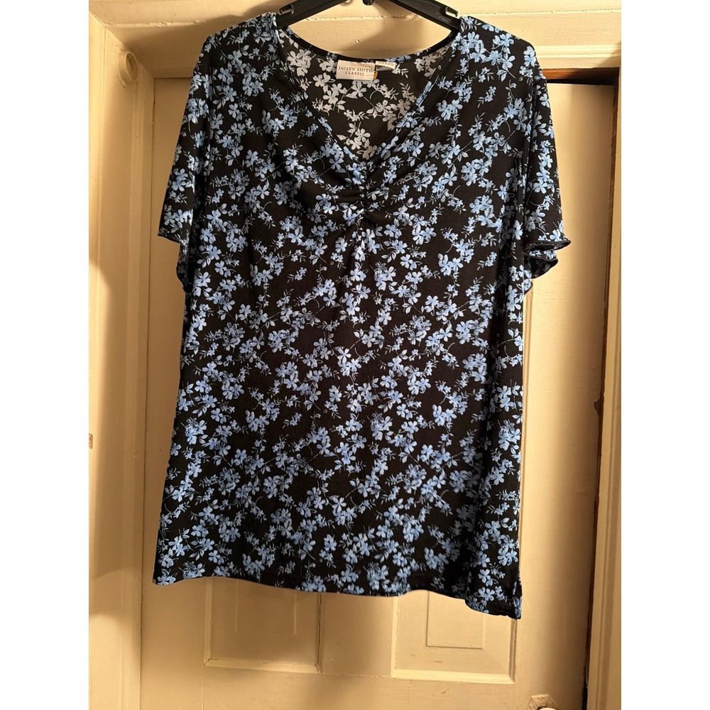 Jaclyn Smith Classic Womens 2X Blue Floral Black Short Sleeve V-Neck Blouse Top